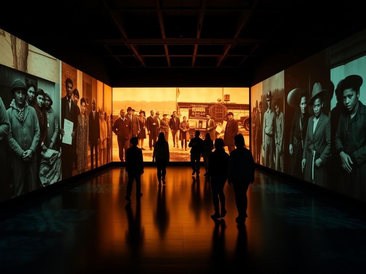 Students walking through a room with archival Black Canadian history photos projected on the walls